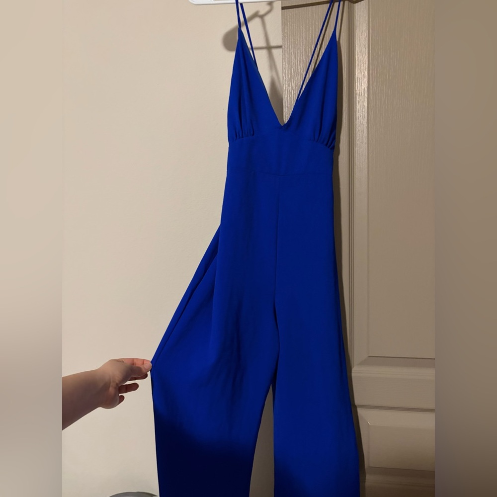 Blue V-Neck Wide-Leg Jumpsuit